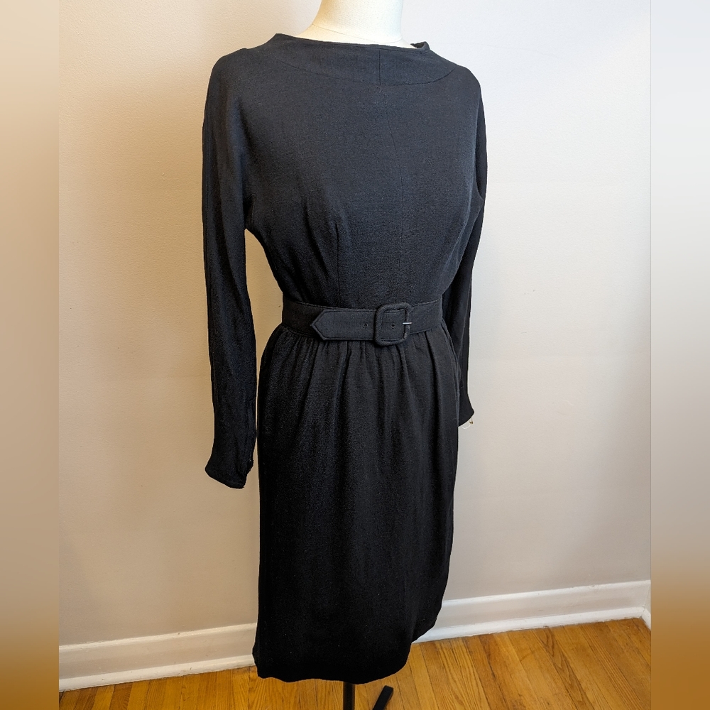 1950s black wool bombshell dress with matching belt